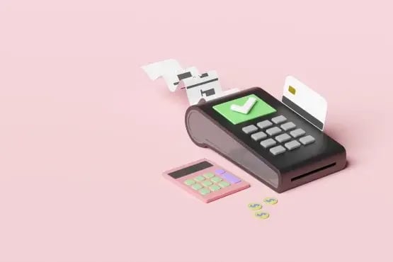 Illustration 3D d’un terminal de paiement avec reçu et pièces, sur fond rose
