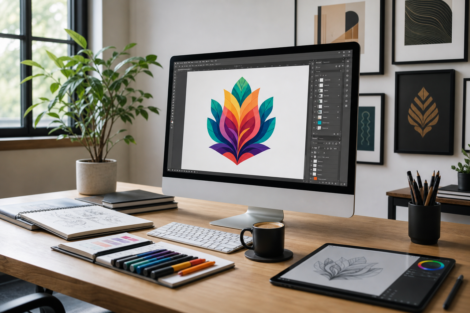 Espace de travail d'un graphiste freelance avec un écran affichant un logo coloré