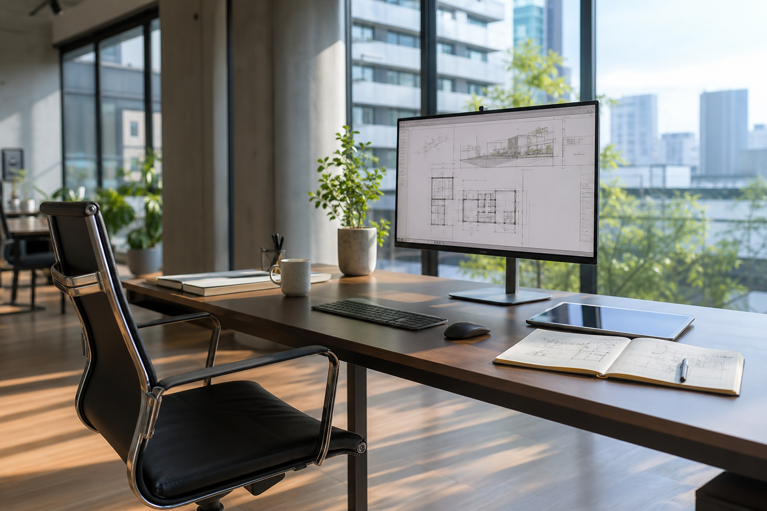 Espace de travail d'un architecte avec des plans affichés à l'écran, livrés après paiement sécurisé via Doboxee