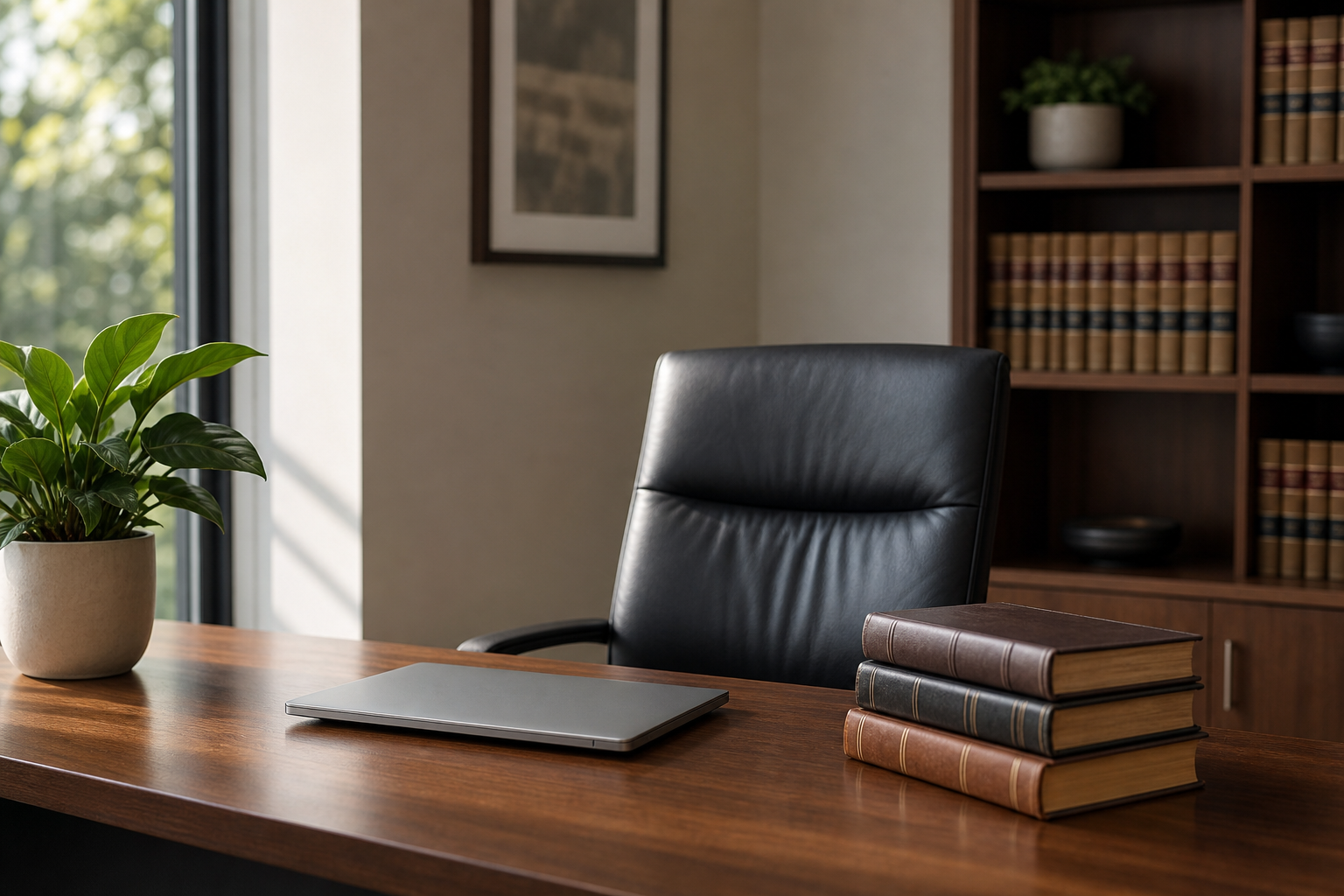 Cabinet d'avocat moderne avec bureau en bois et plante verte, consultation payée avant accès via Doboxee