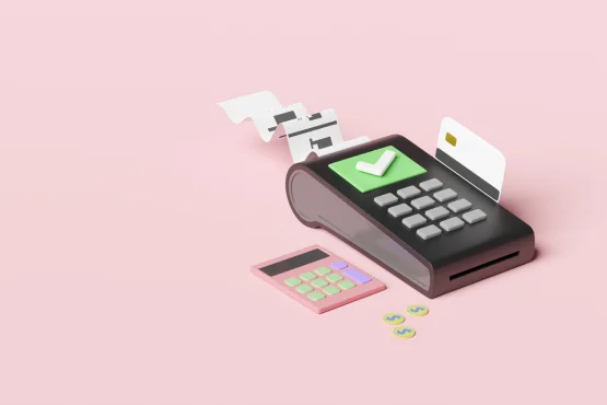 Illustration 3D d’un terminal de paiement avec reçu et pièces, sur fond rose